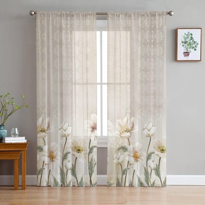 Vintage Achtergrond Bloemen Transparante Gordijnen Voor Woonkamer Slaapkamer Kinderkamer Tule Raambekleding Gordijnen 135W x 114H(cm) gray