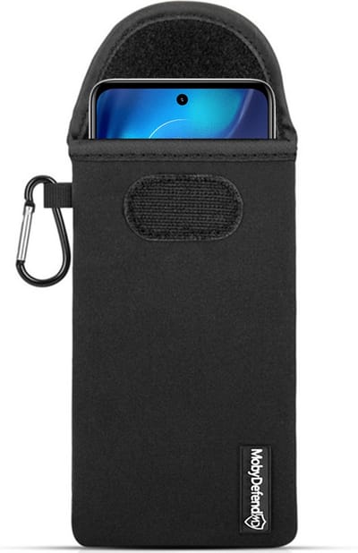 MobyDefend Hoesje - Geschikt voor Motorola Moto E32 / E32S - Neopreen Pouch Met Karabijnhaak - Insteek - Riemlus - Zwart
