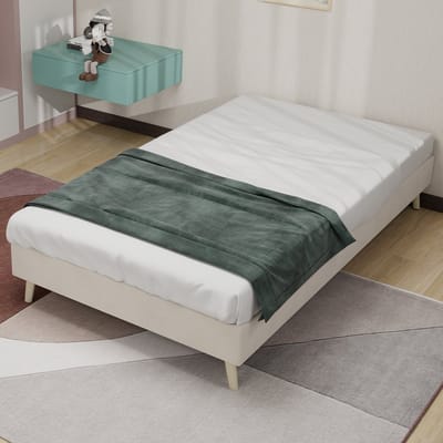 Eenpersoonsbedden - 90x200CM - Modern Minimalistisch Bedframe Lage Box - Velours - Beige (Geen Gaslift, Geen Hoofdbord, Geen Matras)