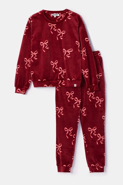 Woody pyjama meisjes/dames velours - donkerrood - strikjes all-overprint - 252-10-YPE-V/952 - maat 128