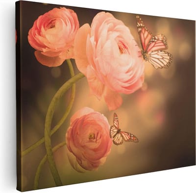 Artaza Canvas Schilderij Bloemen Met Vlinders - 40x30 cm - Klein - Wanddecoratie Woonkamer - Muurdecoratie Rozen - Kamer Accessoires