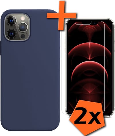 Hoes - Met 2x Screenprotector - Geschikt voor Apple iPhone 14 Pro Max - Sterk & Shockproof - Back Cover - Siliconen Case - Telefoon Hoes - Donkerblauw