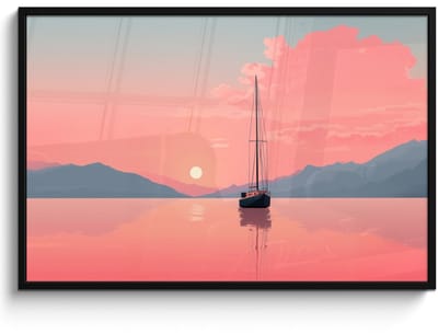 Poster in lijst - Fotolijst 120x80 cm - Posters - Zeilboot - Roze zee - Zonsondergang - Bergen - Posterlijst zwart - Decoratie - Wanddecoratie woonkamer - Muurdecoratie slaapkamer