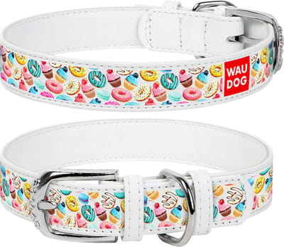 WAUDOG Donuts Halsband / Hondenhalsband - Echt Leder - Wit - Full Colour Print - Breedte: 15 mm - Nekomtrek: 27 - 36 cm (GELIEVE ALVORENS BESTELLEN OPMETEN)