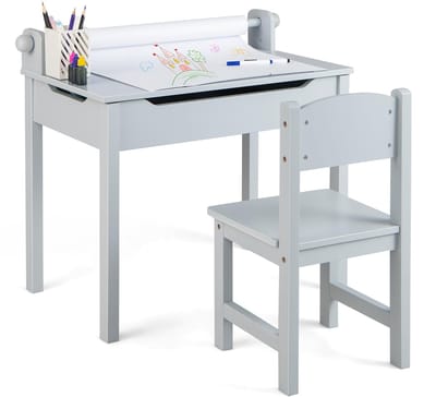COSTWAY Kinderbureau met stoel, kindertafel met inklapbaar tafelblad, jeugdbureau met papierrolhouder en markeerstiften, schoolbureau voor kinderen vanaf 3 jaar (grijs)