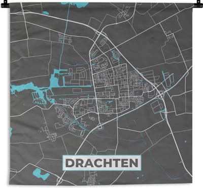 Wandkleed - Wanddoek - Plattegrond - Drachten - Grijs - Blauw - 60x60 cm - Wandtapijt - Stadskaart