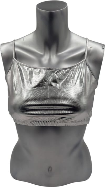 Kinky Glanzende Zilveren Top met Open Rug Maat S – Wetlook Haltertop voor Clubwear & Fetish Fashion