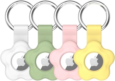 4 stuks beschermhoezen voor AirTag met sleutelhanger bloem siliconen houder hoes compatibel met Air-Tag tracker voor portefeuille rugzakken bagage kinderen huisdieren (Wit/Groen/Roze/Geel)