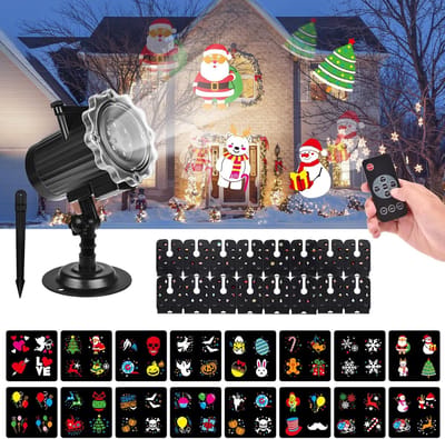 Projector Kerstmis, led-projector voor buiten, Halloween, projectielamp, sneeuwvlokken, projectielamp, effectlicht, 16 patronen, met afstandsbediening, voor feest, kerstdecoratie