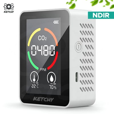 Ketchy CO2 Meter met NDIR Sensor – Nauwkeurige Luchtkwaliteitsmeter – CO2, Temperatuur & Luchtvochtigheid – Met Alarm – Voor Thuis, Slaapkamer & Kantoor