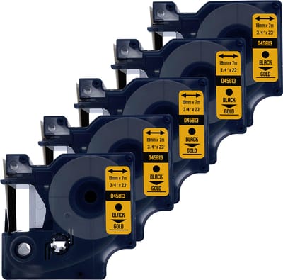 DULA Dymo D1 45813 Compatible label tape - 5 lettertapes - Zwart op goud - 19mm x 7m