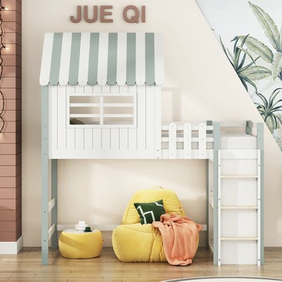 VVBV Kinderbed 90x200 cm - Planken, Veiligheidstrap, Huisdesign, Voor Kinderen/Tieners, Lattenbodem - Massief Hout Groen