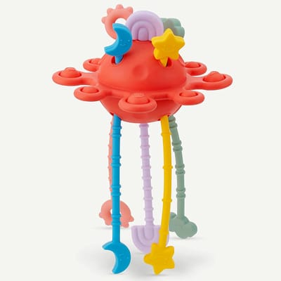 Babyspeelgoed 6-18 maanden – Montessori UFO Trekspeelgoed van Siliconen – Rood – Sensorisch Bijtspeelgoed voor Baby’s & Peuters 1-3 Jaar – BPA-vrij Educatief Speelgoed voor Jongens en Meisjes