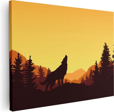 Artaza Canvas Schilderij Wolf - 80x60 cm - Wanddecoratie Zonsondergang - Muurdecoratie Bos - Schilderij Bergen