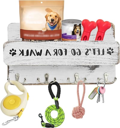 Houten hondenaccessoires organizer met plank, wandhaak voor hondenriemen en benodigdheden, stijlvolle hondenleash houder voor hal en entree