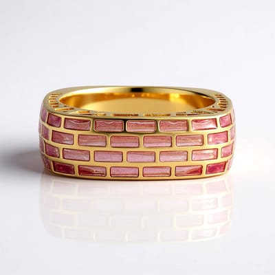 Cavill - Brede Zilveren Ring Dames - 925 Sterlingzilver Verguld - Roze Emaille Baksteenpatroon - Elegante Modieuze Statement Ring - Maat 17 18 19