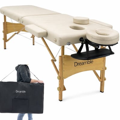 Dreamble® | Massagetafel | Beige/Creme | Hout | Extra dikke bekleding 6 cm | Extra stevig | Inklapbaar | Mobiel | 2 zones | In hoogte verstelbaar | Gezichtsuitsparing | Armsteunen in breedte instelbaar | Afwasbaar | Belastbaar tot 250 kg | Draagtas