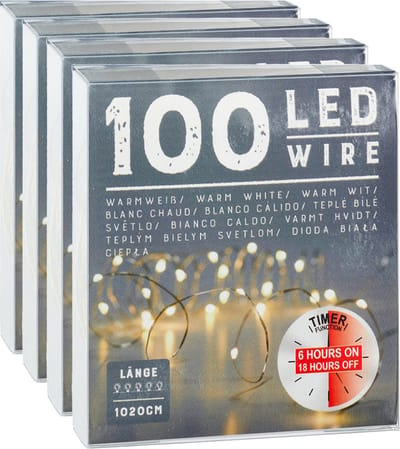 Draadverlichting lichtsnoer - 4x - 100 cm - 100 leds - warm wit - batterij - timer - kerstverlichting