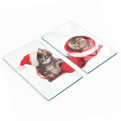Decoratieve glazen snijplanken voor in de keuken met een afbeelding van een katje en de kerstman, 2x30x52 cm