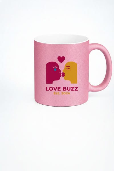 Roze Glitter Mok Love Buzz Kussend Koppel | Romantisch Liefdes Cadeau | Valentijn & Jubileum | Est. 2024
