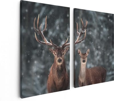Artaza Canvas Schilderij Tweeluik Twee Herten Met Sneeuw - 80x60 - Foto Op Canvas - Canvas Print