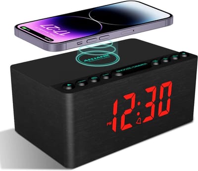 Digitale Wekker - Klokradio Houtnerf - Wakker Worden - Draadloos Opladen - 1.2 Inch Cijfers - Wit