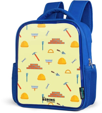 NoBoringSuitcases.com® - Rugzak blauw - Schooltas jongens - Bouwgereedschap patroon op lichtgele achtergrond - Kinder rugtas jongen - Boekentas kind - Kinderrugzak voor school - Schoolrugzak