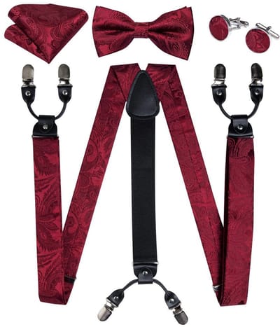 Sorprese Bretels Set Heren - 4 Delig - 100% Zijde - Bretels met Vlinderdas, Pochet & Manchetknopen - Bordeaux Rood Paisley - Luxe Cadeauset Heren