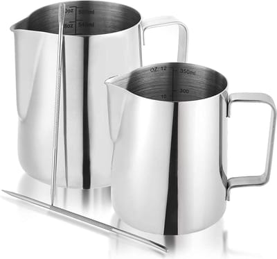 2 stuks 350 & 600 ml melkkannetjes roestvrij staal melkopschuimer melkopschuimer beker met maatmarkeringen en latte art pen voor barista cappuccino espresso