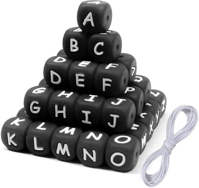 Letterkralen van siliconen voor armbanden, 12 mm, zwart en wit, grote kubussen, alfabet, kralen en 2 m draad voor halskettingen, sieraden, doe-het-zelf, telefoon, kettingen