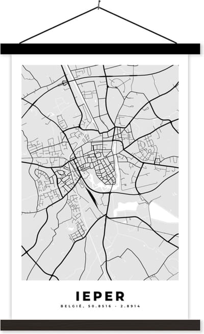 Posterhanger incl. Poster 40x60 cm - Schoolplaat - Plattegrond – Ieper – Zwart Wit – Stadskaart - Kaart - Textielposter - Zwarte latten - Stadskaart
