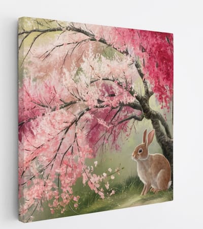 Saammp Canvas Schilderij - Konijn onder roze boom - Natuur - Abstract - 20x20 - Foto op canvas - Wanddecoratie - Muurdecoratie Woonkamer - Slaapkamer decoratie - Canvas Print
