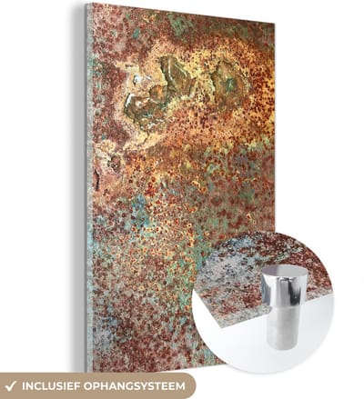 MuchoWow® Glasschilderij 40x60 cm - Schilderij acrylglas - Kleuren - Metaal - Roest - Structuur - Abstract - Foto op glas - Schilderijen