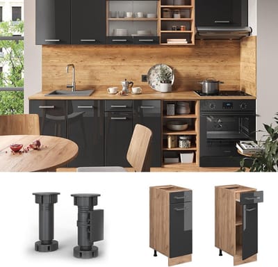 Onderkast Keuken 30 cm met Lade en Deur - Anthraciet Hoogglans & Goudkleurig