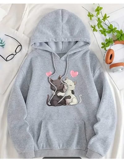 Trendy Lichtgrijze Hoodie met Schattige Knuffelende Kattenprint, Comfortabele Lange Mouwen en Casual Stijl - S-M