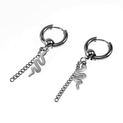 ∅15mm Oorringen Unisex - Stalen Zilverkleur - Oorbellen met Ketting een Slangenhanger