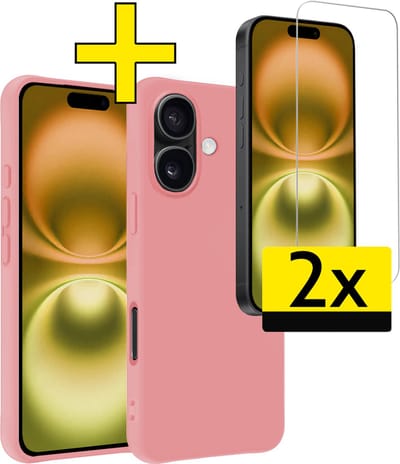 Hoesje - Met 2x Screenprotector - Geschikt voor Apple iPhone 16 - Sterk & Shockproof - Back Cover - Siliconen Case - Telefoon Hoes - Telefoonhoesjes - Lichtroze