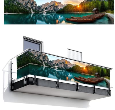 Balkonscherm 500x110 cm - Balkonposter Meer - Bergen - Zonsondergang - Boot - Balkon scherm decoratie - Balkonschermen - Balkondoek zonnescherm