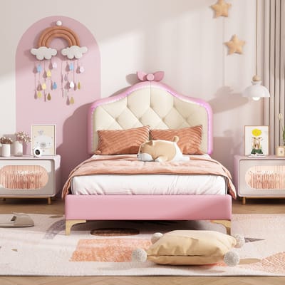DESMIU Gestoffeerd Bed 90x200cm - Eenpersoonsbed Met Golvend Hoofdbord En Lichtstrip - Opbergruimte - Kinderkamer - PU - Wit Roze - Zonder Matras
