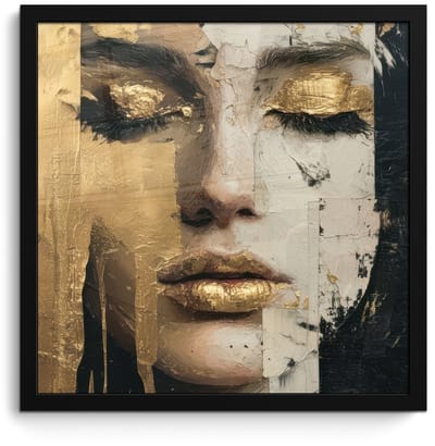 Poster in lijst - Fotolijst 40x40 cm - Posters - Abstract - Goud - Gezicht - Lippen - Posterlijst zwart - Decoratie - Wanddecoratie woonkamer - Muurdecoratie slaapkamer