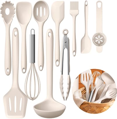 MODFU Silicone Keukengerei Set – 12-delige Kookgerei Set – Hittebestendig & Krasvrij – BPA-vrij Veilig Koken en Bakken – Makkelijk Schoon te Maken met Opbergstandaard – Khaki