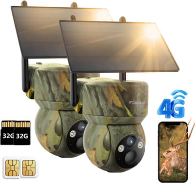 usogood 4G LTE-wildcamera op zonne-energie - 360° 2K - met simkaart en 32 GB geheugenkaart - app voor mobiele gegevensoverdracht - waterdicht - 7800 mAh-batterij - 2Stuks