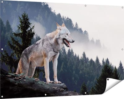 Gards Tuinposter Grijze Wolf in de Bossen - 150x100 cm - Tuindoek - Tuindecoratie - Wanddecoratie buiten - Tuinschilderij