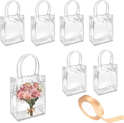 Set van 6 Transparante Cadeautassen met Handvatten, 25 x 20 x 7 cm, Herbruikbare Tassen voor Feestjes, Bruiloften en Babyshowers