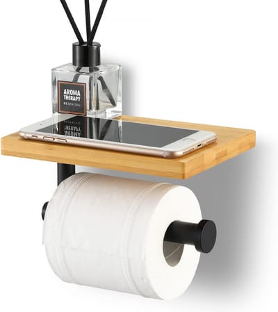 YONO Toiletrolhouder met Plankje - WC Rolhouder Zonder Boren - Toiletpapierhouder - RVS en Hout - Zwart