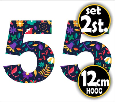 Jerma -nr. - 5 - Bloemprint - Sticker - set 2 st. - 12 cm Hoog - Zelfklevend - Weerbestendig - Vinyl
