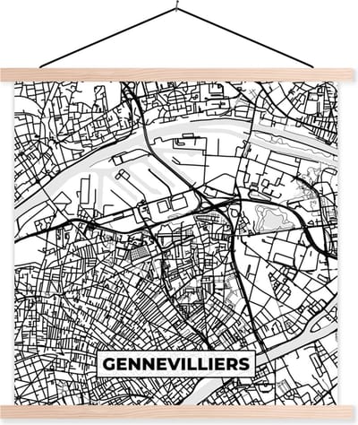 Posterhanger incl. Poster 40x40 cm - Schoolplaat - Frankrijk - Plattegrond - Gennevilliers - Stadskaart - Kaart - Zwart wit - Textielposter - Blanke latten - Stadskaart