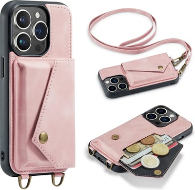 Casemania Hoesje Geschikt voor Apple iPhone 14 Pro Max - Pale Pink - Luxe Backcover met Koord en Magnetische Sluiting - Portemonnee Wallet Case met Pasjeshouder en Opbergvak - Lanyard Telefoonhoes - Cord Case