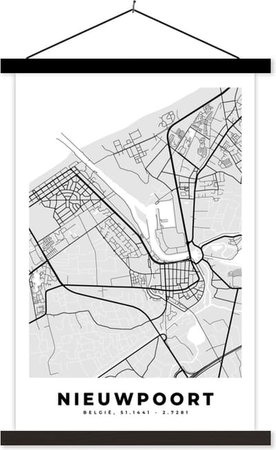 Posterhanger incl. Poster 40x60 cm - Schoolplaat - België – Nieuwpoort – Stadskaart – Kaart – Zwart Wit – Plattegrond - Textielposter - Zwarte latten - Stadskaart