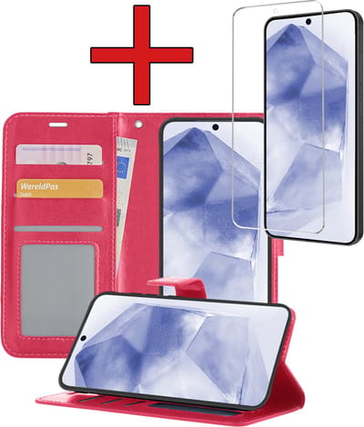 Hoesje - Met Screenprotector - Geschikt voor Samsung Galaxy A55 - Luxe Pasjeshouder - Flipcase - Bookcase Portemonee - Flip Case - Kunstleer Book Case - Book Cover - Walletcase - Portemonneehoes - Telefoonhoes - Donkerroze